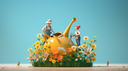 几个园丁在一个巨大的喷壶旁边摆姿势的 3D 渲染