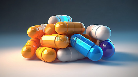 蓝色和白色背景上的一堆抗生素胶囊 3D 插图