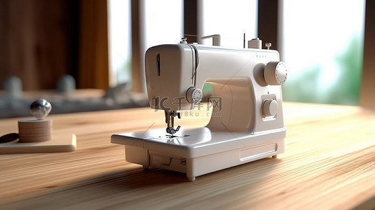 光滑的白色缝纫机搁在质朴的木桌上 3D 渲染