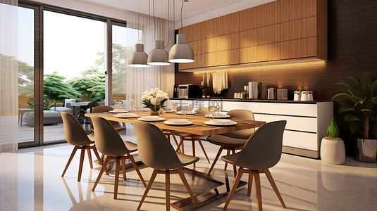 现代餐厅和厨房空间的 3D 插图，配有时尚的桌椅