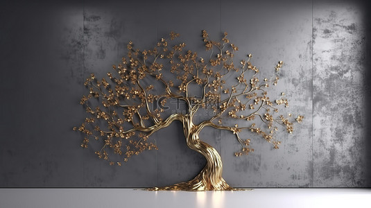 灰墙上金铜金属抽象树的 3D 渲染