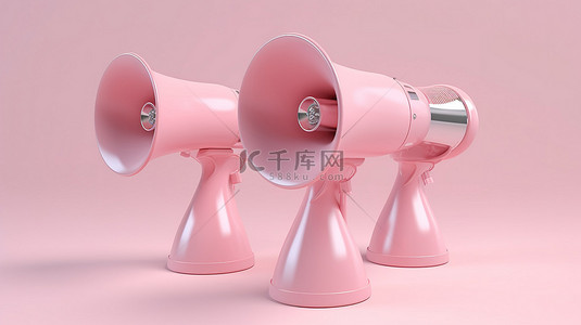 不同位置的粉红色扩音器集合 3D 渲染插图集