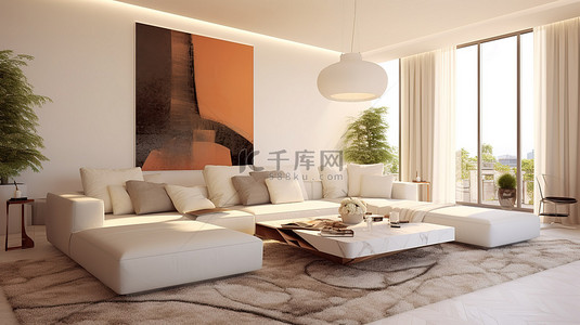 时尚私人住宅中的现代客厅配有毛绒地毯玻璃顶咖啡桌和清爽的白色墙壁 3D 渲染