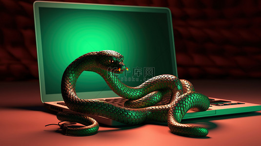 3D 无限大蛇守卫互联网计算机的插图，警告其盘绕攻击和嘶嘶声带来的危险
