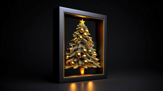 3d 渲染黑色背景，圣诞树周围有黄色框架