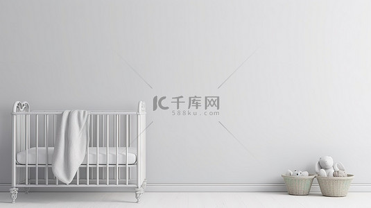 墙背景图片_乡村托儿所空白墙和白色金属婴儿床在农舍设置 3d 渲染