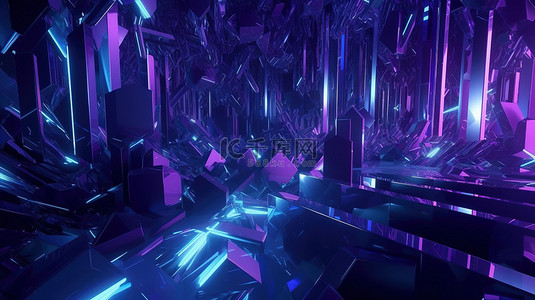 科幻设计背景图片_带有科幻扭曲 3D 渲染的紫色和蓝色抽象背景的几何插图