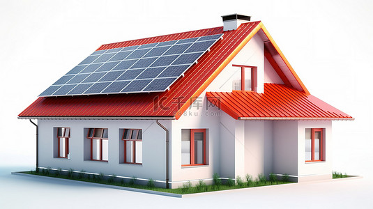 屋顶相连背景图片_白色背景上带有电池的太阳能家庭的独立 3D 插图