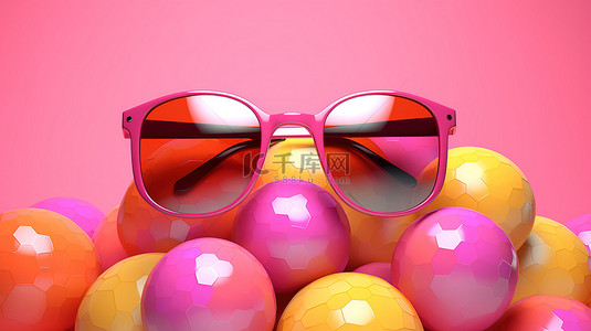 粉红色背景上酷炫沙滩球运动色调的 3D 渲染