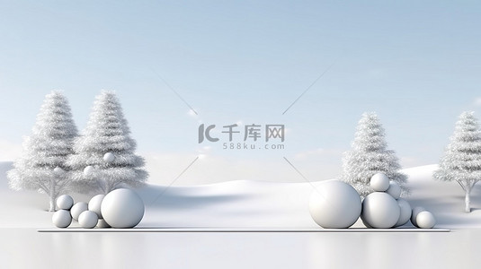 3D 渲染白色冬季景观与圣诞主题讲台和装饰球