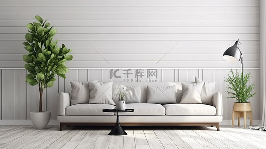 现代客厅模型的 3D 渲染，配有白色沙发和最小的搭叠墙