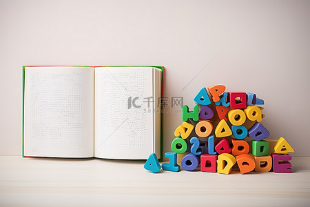 高定背景图片_彩色数字和字母块，白桌上有打开的书