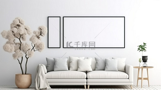 3D 渲染的海报框架模型展示在带有花卉装饰的白色客厅墙上