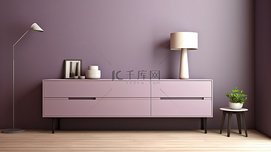 现代简约餐边柜背景图片_优雅的紫色餐边柜与时尚简约的房间 3D 渲染相得益彰