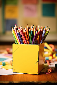 教室里的一盒蜡笔和一张纸