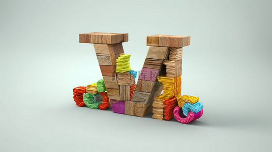 儿童木制字母块玩具的 3D 渲染，其中包含字母 w