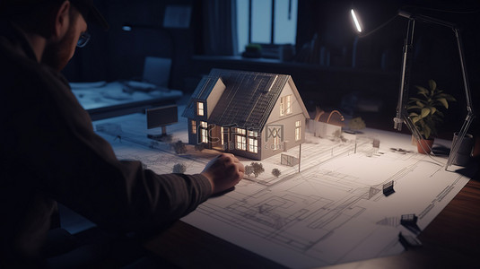 型年背景图片_1 建筑师和设计师在餐桌上合作制作 3D 房屋模型