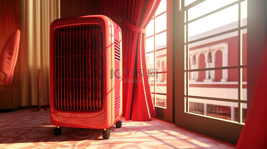 炎热背景图片_非常接近红窗的便携式移动房间空调的 3D 渲染
