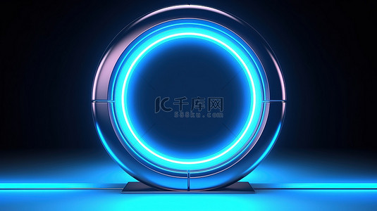 发光的门户是一个抽象霓虹灯背景中的蓝色球，带有明亮的圆盘和缓慢的旋转