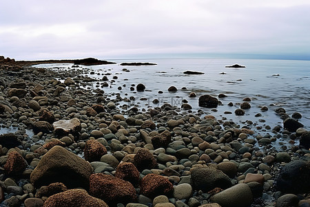 阴天背景图片_阴天，海岸上有岩石和石头