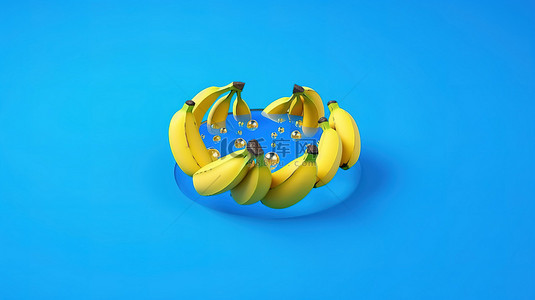 3D 渲染香蕉从蓝色背景的孔中出现，以简约概念艺术呈现