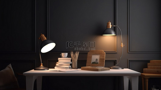 家庭办公室幸福 3D 渲染舒适的阅读角落，配有书籍装饰和灯