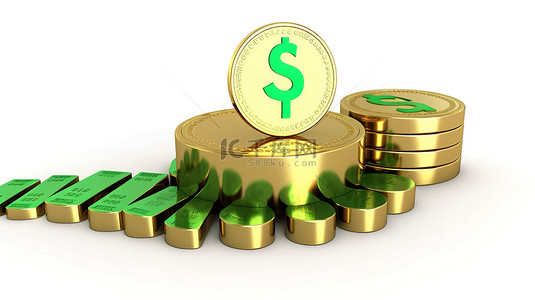 绿色箭头背景图片_3d 渲染金币上上升的绿色箭头，带有美元符号和条形图，描绘在白色背景下隔离的金融概念