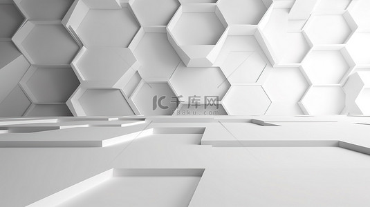 蓝灰色科技背景背景图片_3D 渲染的白色当代六边形空白画布
