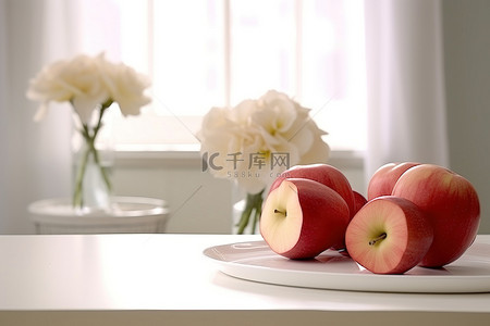 美团店铺水果招牌背景图片_坐在白色桌子上的切片苹果