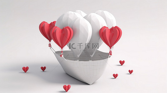 热气球浪漫背景图片_情人节概念 3d 渲染一个充满心脏的热气球和白色背景上的空白卡片