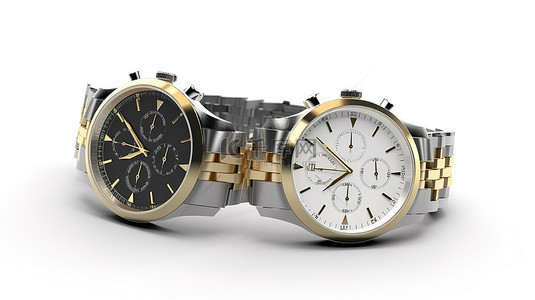 手表背景背景图片_优雅的男士金银模拟腕表在白色背景上展示，带有 3D 渲染