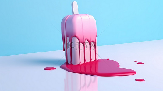 奶色背景背景图片_柔和的蓝色背景上融化的粉红色冰淇淋的异想天开的 3D 插图，非常适合夏天和创造力