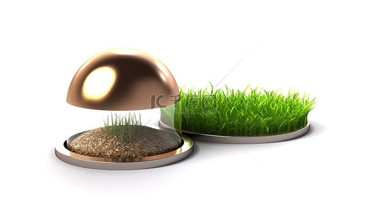 白色背景下圆形土壤中生长的绿草打开孤立金属克洛什盖的 3D 插图