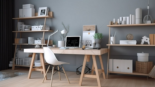带餐桌用品和装饰的家庭办公室的 3d 插图，具有充足的复制空间