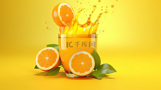 黄色果汁飞溅背景图片_鲜榨橙汁中橙色水果的 3D 渲染，在充满活力的黄色背景上