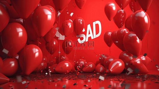 销售庆典 3d 渲染横幅在红布上，带有红色气球和五彩纸屑背景