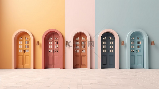 3d门背景图片_柔和的彩色背景与纸艺术概念门插图的 3D 渲染