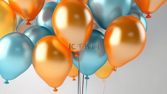橙色气球背景图片_蓝色和橙色气球的 3D 渲染，在明亮的背景下营造欢乐的氛围