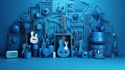 音乐彩色背景背景图片_几何形状背景与蓝色乐器在令人惊叹的 3D 渲染