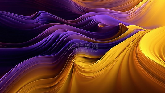 充满活力的紫色和黄色纹理 3D 渲染中的分形波和线条