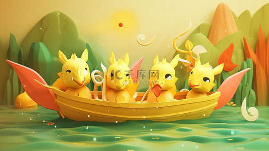 猪年狮头背景图片_端午节水上黄色龙舟动物