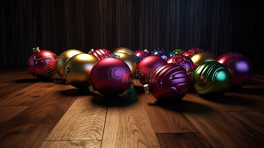 木桌装饰着 3D 渲染的圣诞装饰球