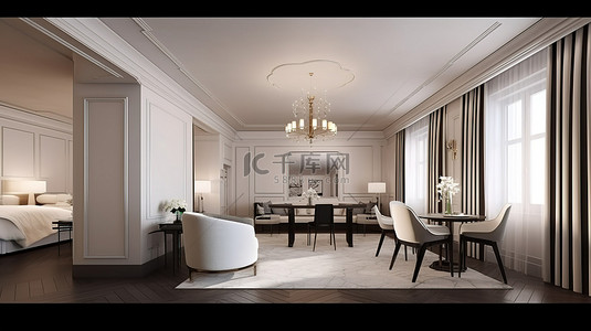 客房背景图片_设计师布置的酒店房间的 3D 渲染，设有现代而经典的休息室和用餐区