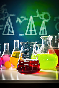 黑板前有彩色玻璃烧杯的化学实验室