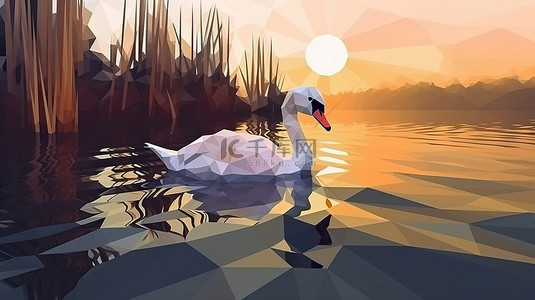 芦苇水背景图片_低聚天鹅在宁静的湖面上滑过芦苇 3D 插图