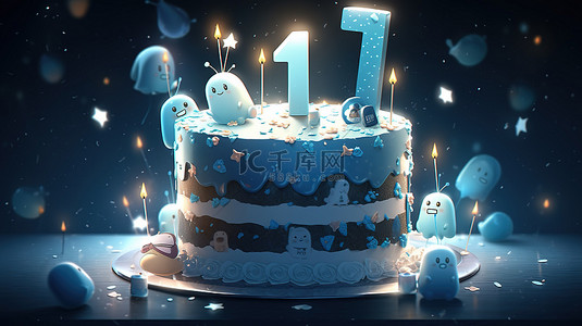 生日蛋糕蜡烛背景图片_巨大的蓝色生日蛋糕，3D 渲染中排名第一的礼帽