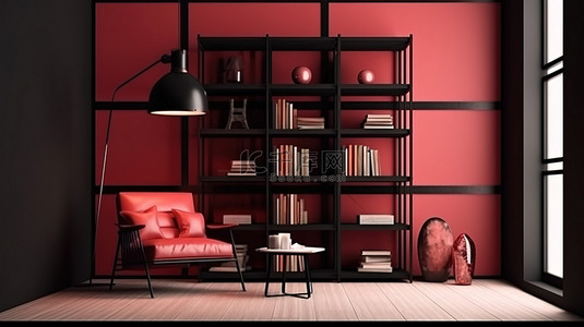 带角落书架的红黑书房的当代阁楼室内 3D 效果图