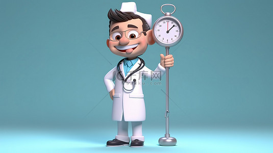 医疗卡通人物背景图片_穿着制服和听诊器的卡通人物医生拿着一个大温度计 3D 渲染图像