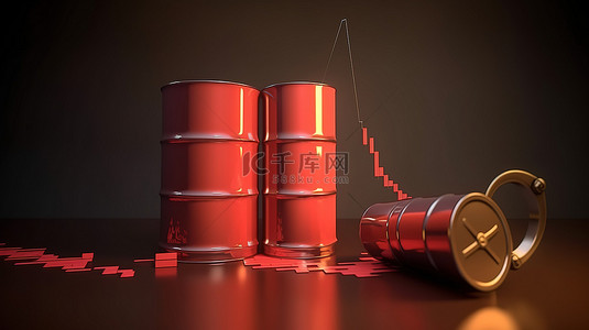 股价上涨背景图片_商品油股价上涨 3d 渲染现金红色图和带油桶的燃油泵喷嘴卡通风格