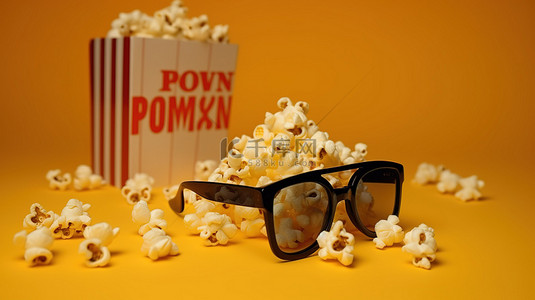 电影时间 3D 眼镜和爆米花在充满活力的黄纸背景上